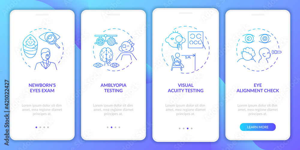 Eye screening for children onboarding mobile app page screen with concepts. Eye alignment check walkthrough 4 steps graphic instructions. UI vector template with RGB color illustrations