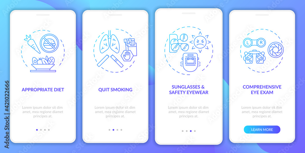 Eye health tips onboarding mobile app page screen with concepts. Comprehensive eye exam process walkthrough 4 steps graphic instructions. UI vector template with RGB color illustrations