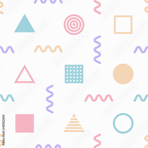 Geometric seamless pattern with circles and triangles. Memphis style for fashion. Vector abstract background.