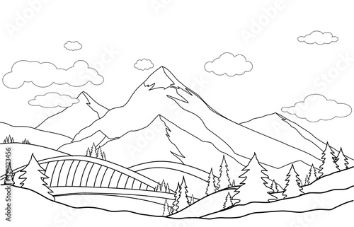 Line art  drawing of mountain  landscape vector illustration. Cartoon of spring summer beautiful nature  green grasslands meadow with  forest and mountains on horizon background .