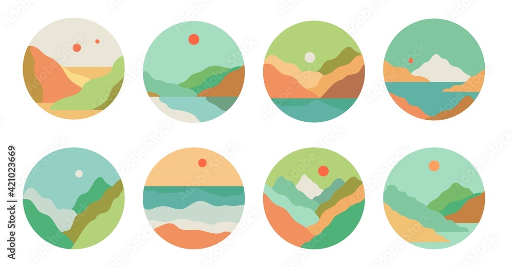 Vector set or collection of abstract creative round backgrounds in minimal trendy scandinavian style. Mountain sea landscape - design templates for social media highlights stories, emblems, logo.