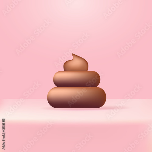 Vector chocolate sweet poop icon isolated on abstract soft cute pink studio table background. Cartoon funky pile of poo sticker for your design