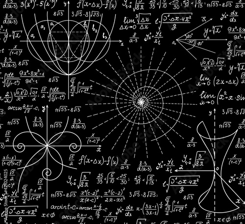 Math endless vector texture with handwritten mathematical formulas,  equations and geometry figures