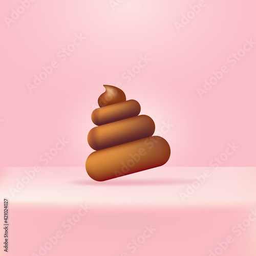 Vector chocolate sweet poop icon isolated on abstract soft cute pink studio table background. Cartoon funky pile of poo sticker for your design