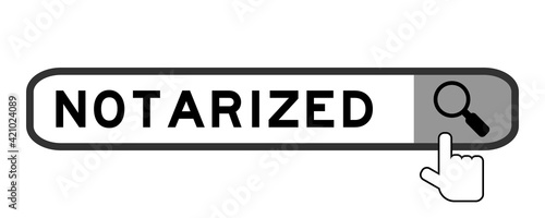 Search banner in word notarized with hand over magnifier icon on white background