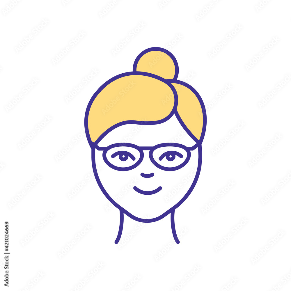 Woman in eye glasses RGB color icon. Person using special optical lenses to see well again. Special tool for fighting eyeball diseases. Isolated vector illustration