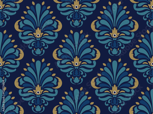 Damask pattern design with celestial design elements, moon face and sacred eye