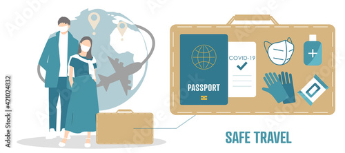 Safe travel concept. New normal after covid-19 - travel hygiene suitcase. A family with suitcase in face masks. Flat vector illustration. 