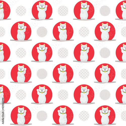 Kawaii lucky cat: maneki neko - seamless patter with japanese style design elements