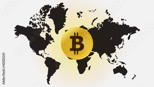 Bitcoin on world map and white background  digital money concept  vector illustration.