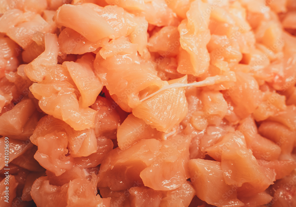 Raw sliced chicken pieces. To cook. Preparing for dinner. Cooking. A restaurant. Cafe. Workflow of cooking food
Raw sliced chicken pieces. To cook. Preparing for dinner. Cooking. A restaurant. Cafe. Workflow of cooking food