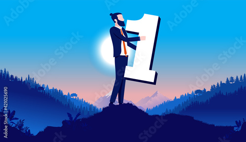 Businessman number one - Man holding number in hands outdoors in landscape. Best, first place and on top concept. Vector illustration.
