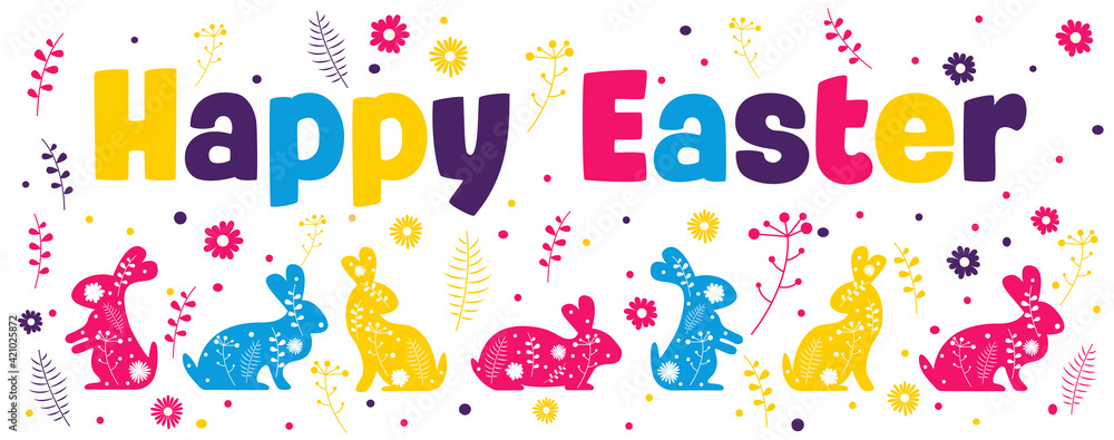 Easter banner with bunnies and flowers. Vector illustration