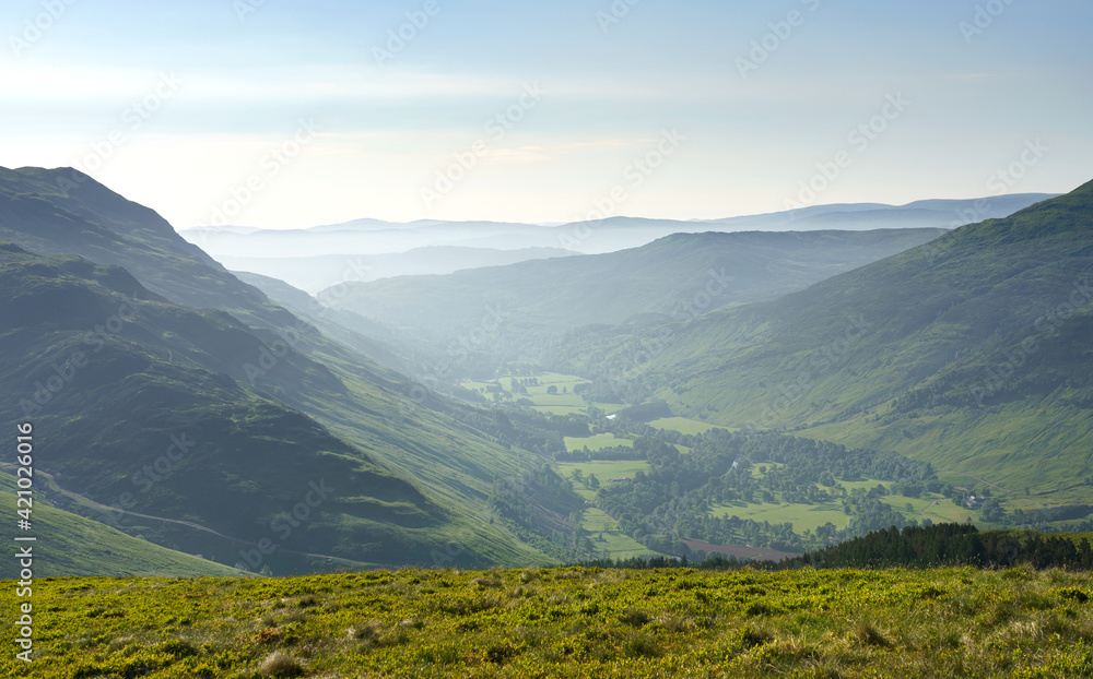 Views of Invervar in Glen Lyon from below the mountain summit of Carn Gorm in the Scottish Highlands, UK landscapes.