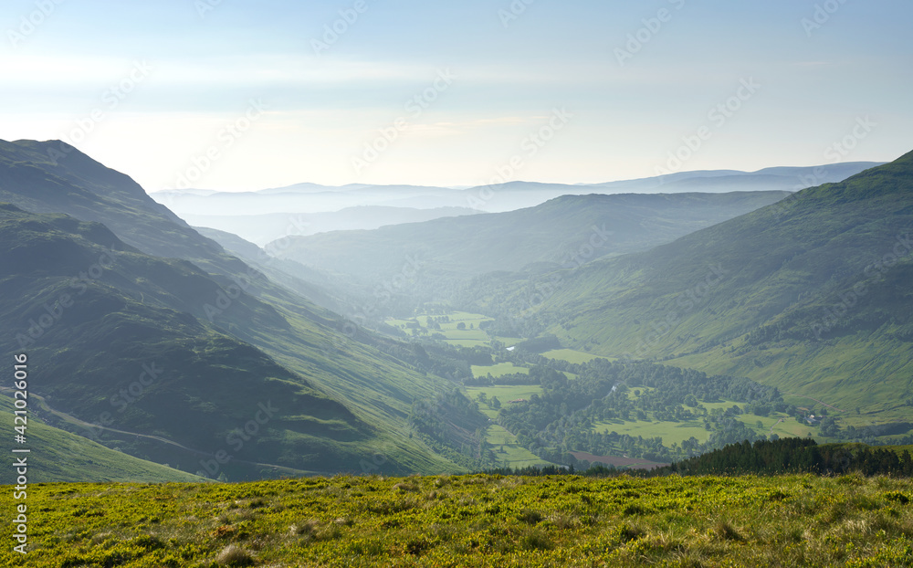 Views of Invervar in Glen Lyon from below the mountain summit of Carn Gorm in the Scottish Highlands, UK landscapes. Views of Invervar in Glen Lyon from below the mountain summit of Carn Gorm in the Scottish Highlands, UK landscapes.