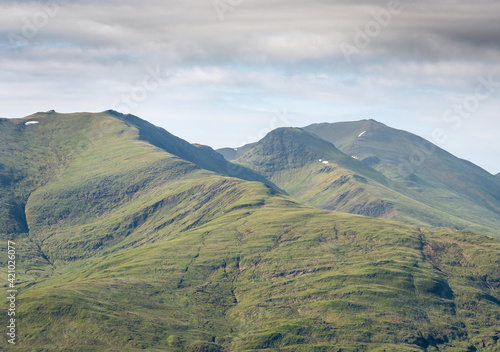Views of the mountain summits of Meall Garbh, An Stuc and Ben Lawers in the Scottish Highlands, UK landscapes.