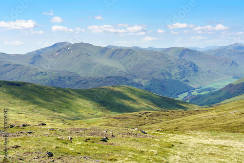 Distant views of the mountain summits of Meall Garbh, Ben Lawers, Beinn Ghlas and Meall Corranaich from below the top of Carn Mairg with Glen Lyon below in the Scottish Highlands, UK landscapes. © Duncan Andison