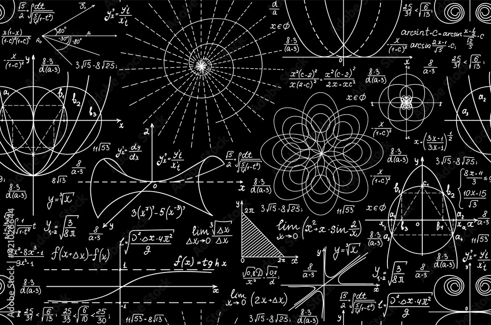 Fototapeta premium Math endless vector texture with handwritten mathematical formulas, equations and geometry figures
