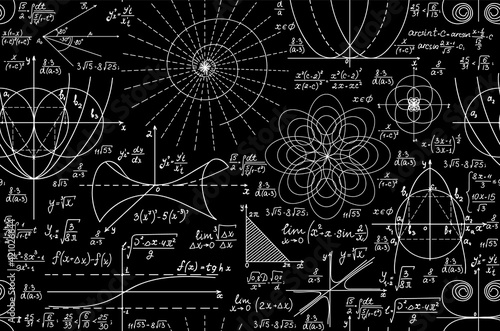 Math endless vector texture with handwritten mathematical formulas,  equations and geometry figures