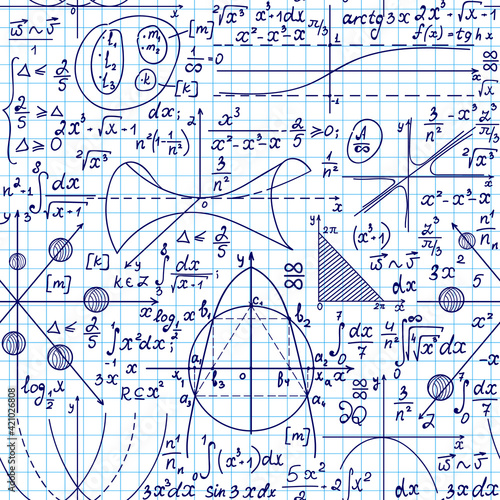 "Back to school" vector seamless pattern with handwritten mathematical and physical formulas, figures and calculations, copybook grid paper	
