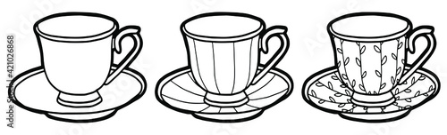 Hand drawing cups and saucers. Black outline. Coloring page. 