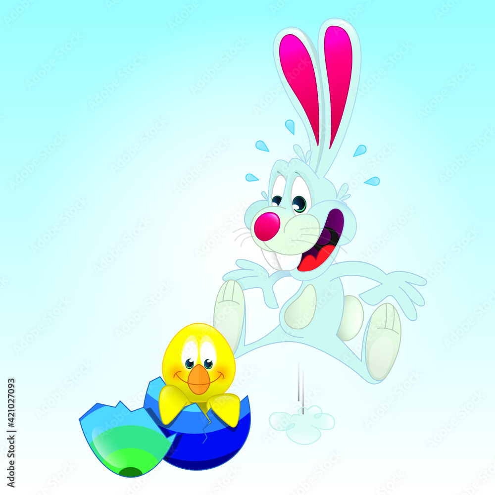 a cartoon of the easter bunny surprised by a chick hatching from an easter egg