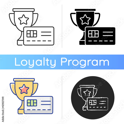 Rewards credit card icon. Making purchases and cash back. Doing shopping and getting discounts. Bonuses for buying things. Linear black and RGB color styles. Isolated vector illustrations