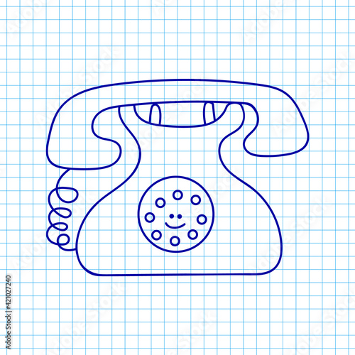 Hand drawn vector retro phone handwritten on a grid sheet of copybook paper