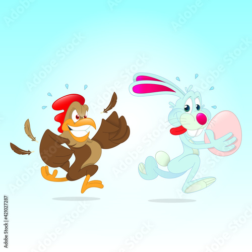 cartoon of a chicken chasing the easter bunny after stealing an egg