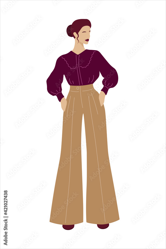 Stylish young woman dressed in trendy clothes. Vector illustration.