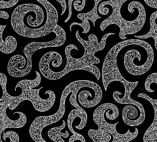 Beautiful abstract vector seamless pattern with figured doodle shapes and curling lines	
