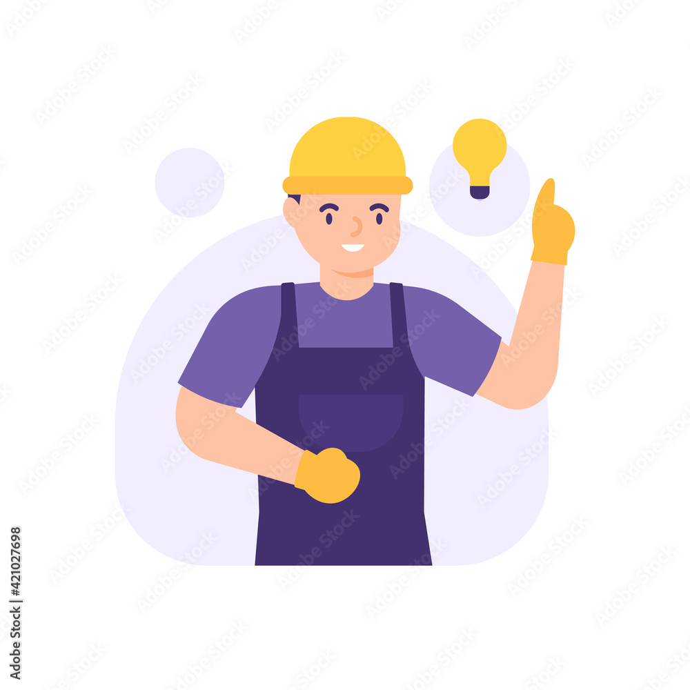 A worker or male laborer who has come up with an idea or solution. A person who raises his hand or raises his finger. flat style. vector illustration design A worker or male laborer who has come up with an idea or solution. A person who raises his hand or raises his finger. flat style. vector illustration design