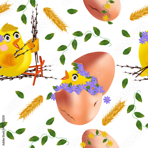 Seamless pattern with Easter chicken, flowers, eggs, pussy willow. Funny cartoon chickens for your design. Vector illustration.