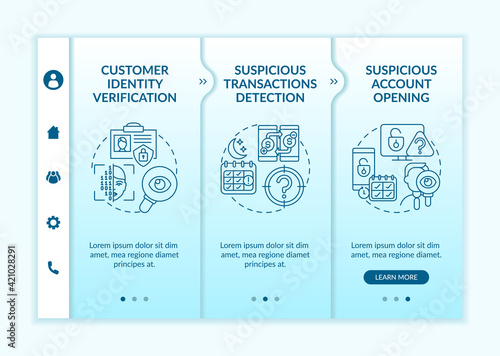 Customer identity verification onboarding vector template. Suspicious account opening in banking. Responsive mobile website with icons. Webpage walkthrough step screens. RGB color concept