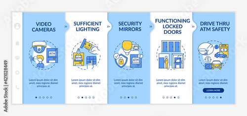 Monitoring safety of people onboarding vector template. Precautionary measures. Video cameras. Responsive mobile website with icons. Webpage walkthrough step screens. RGB color concept