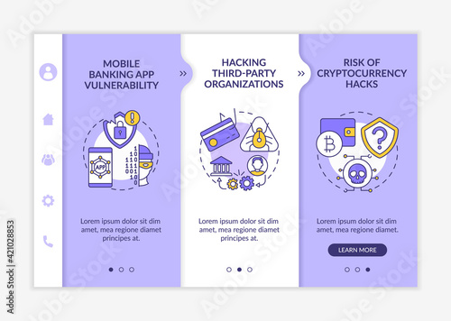 Phone password hacking threat onboarding vector template. Mobile banking app vulnerability. Responsive mobile website with icons. Webpage walkthrough step screens. RGB color concept