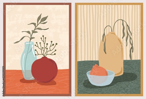 Set of wall art paintings. Still life composition with vases, plants. Green botanical, tangerine branch, lemon. Hand drawn modern trendy style.