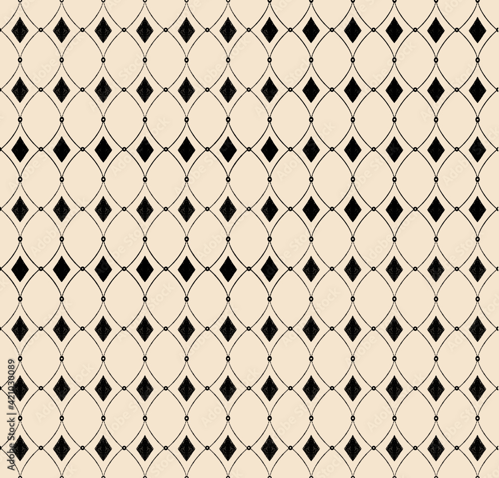 Black geometric ornament on a cream butter beige background. Hand drawn rhombus and intersecting lines.Minimal modern wallpaper design. Seamless pattern in retro style Black geometric ornament on a cream butter beige background. Hand drawn rhombus and intersecting lines.Minimal modern wallpaper design. Seamless pattern in retro style