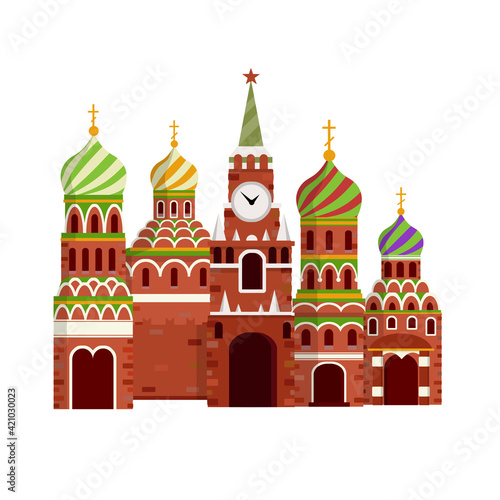 Orthodox Church. Eastern religious temple with bell tower. Monastery and Cathedral. Element of red square in Moscow Kremlin. Cartoon flat illustration. Prayer and Christian Greek and Russian faith