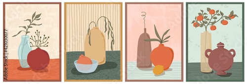 Set of wall art paintings. Still life composition with vases, plants. Green botanical, tangerine branch, lemon. Hand drawn modern trendy style.