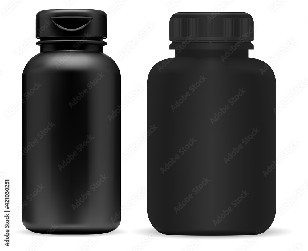 Black pill bottle mockup. Supplement jar mock up, plastic container design. Prescription tablet jar blank, isolated product. Sport supplement can, vitamin box, powder. Medicine bottle Black pill bottle mockup. Supplement jar mock up, plastic container design. Prescription tablet jar blank, isolated product. Sport supplement can, vitamin box, powder. Medicine bottle