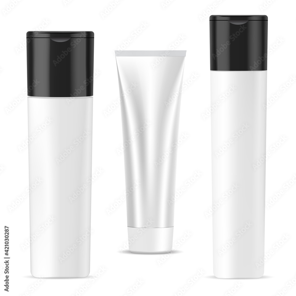 Shampoo bottle, cream tube, cosmetic package mockup. Bath gel or soap container, 3d vector design collection. Shower product container, facial care perfume. Facial cream collection Shampoo bottle, cream tube, cosmetic package mockup. Bath gel or soap container, 3d vector design collection. Shower product container, facial care perfume. Facial cream collection