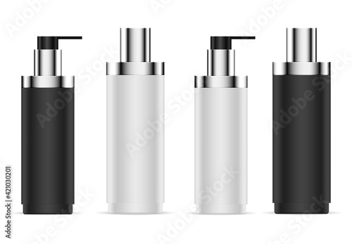 Airless pump bottle. Cosmetic serum container. 3d can fir foundation cream. Moisturizer dispenser bottle. Realistic cosmetic essence packaging with pump cap. Body oil flacon, skin lotion treatment
