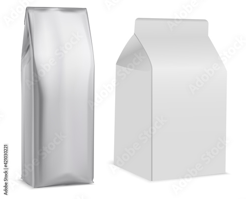 Coffee bag mockup, white package, tea, biscuit. Paper pouch, milk pack, retail product. Snack package blank, glossy flex box, isolated pillow sachet for cookie. Juice paper container