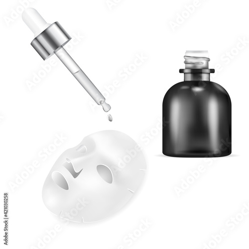 Serum dropper bottle. Face sheet, facial mask, 3d container. Eyedropper cosmetic package, face essence flask. disposable collagen mask, treatment container. Black glass jar, treatment