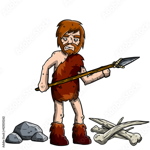 Cave primitive man and weapons. Set of items for hunting. Spear with stone and animal bones