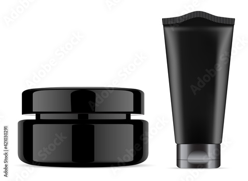 Black cosmetic cream jar. Cream tube mockup, beauty container, liquid essence or scrub box. Isolated toothpaste tube blank. Skin care or ointment illustration, modern beauty design