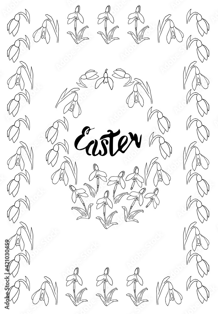 Vertical Easter card with snowdrops, eggs and letherring. Black and white drawing in a linear style, minimalism.  Vector illustration in sketch style for Easter design.