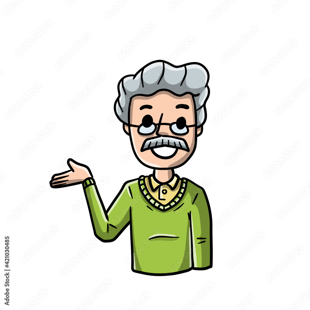 Old Man with Spread hands. Smiling Senior. Doubt and timidity. Hand drawn sketch cartoon. Uncertainty and shrugging. Funny illustration