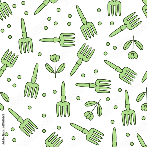 Seamless pattern with gardening tools and flowers. . Vector background. The concept of working in the garden